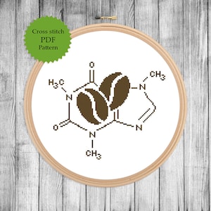 Koffiebonen kruissteek pdf-patroon, molecuul cafeïne ornament, wetenschap, scheikunde xstitch sampler, instant download, DIY voor keuken