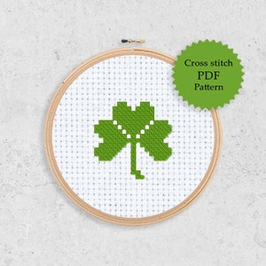 St Patricks day cross stitch PDF pattern, Small easy cross stitch chart, Green spring clover leaf, Beginner xstitch ornament, Plant, Nature