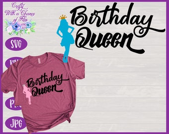 May include: A pink t-shirt with the text "Birthday Queen" in black cursive lettering. A small silhouette of a person wearing a crown is above the text.