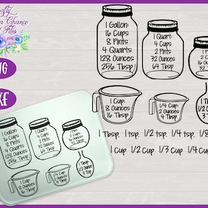 May include: Black and white line art illustrations of various measuring cups and spoons with corresponding measurements in US customary units. The text includes: 1 gallon, 16 cups, 8 pints, 4 quarts, 128 ounces, 256 tbsp, 1 quart, 4 cups, 2 pints, 32 ounces, 64 tbsp, 1 pint, 2 cups, 16 ounces, 32 tbsp, 1 cup, 8 ounces, 16 tbsp, 1/4 cup, 2 ounces, 4 tbsp, 1 tbsp, 1/2 ounce, 3 tsp, 1 tbsp, 1 tsp, 1/2 tsp, 1/4 tsp, 1/8 tsp, 1 cup, 1/2 cup, 1/3 cup, 1/4 cup.