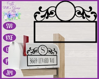 May include: Black metal mailbox topper with a decorative scroll design and a circle for a monogram. The topper has a rectangular sign that says "3669 Lenard Way".