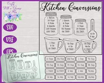 Kitchen Conversion Chart SVG, Baking Measurements SVG, Recipe Cheat Sheet SVG, Kitchen Measurement Equivalent Design