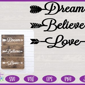 Inspirerende Pijlen SVG, Nursery Decor SVG, Word Arrows SVG, Believe Dream Love Arrow Design voor Cricut - Svg, Dxf, Eps, Png