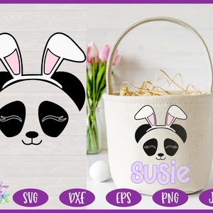 Ostern SVG | Panda Gesicht SVG | Osterkorb SVG | Panda Kopf mit Osterhase Ohren Eiersuche Tote Bag Design für Cricut & Silhouette