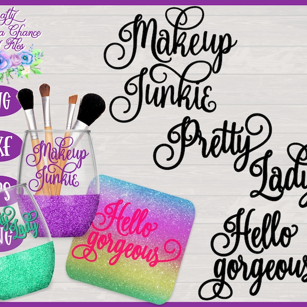 Makeup Words SVG | Makeup Brush Holder SVG | Make Up Jar SVG | Glittered Wine Glass Designs