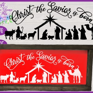 May include: Black and white silhouette of the nativity scene with the text "Christ the Savior is born" above the scene. The scene includes a stable, a star, a donkey, a camel, Mary, Joseph, baby Jesus, and the three wise men.