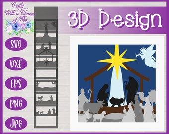 3D Nativity Scene SVG, Christmas Layered Paper Cut Design
