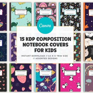 May include: Fifteen printable composition notebook covers for kids featuring various designs, including dinosaurs, rainbows, ice cream, mermaids, pandas, and more. The covers are 8.5 inches by 11 inches.