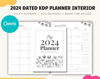 2024 Dated Weekly, Monthly KDP Planner, KDP Interior, Canva 8.5 X 11 for Low Content Books