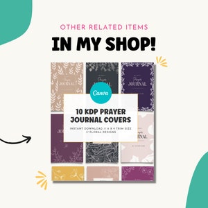 Pode incluir: Dez capas digitais de di&aacute;rio de ora&ccedil;&atilde;o com designs florais. As capas s&atilde;o de v&aacute;rias cores, incluindo roxo, rosa, bege e preto. O texto "10 KDP PRAYER JOURNAL COVERS" est&aacute; em branco sobre fundo preto. O texto "INSTANT DOWNLOAD // 6 X 9 TRIM SIZE // FLORAL DESIGNS" est&aacute; em branco sobre fundo preto.