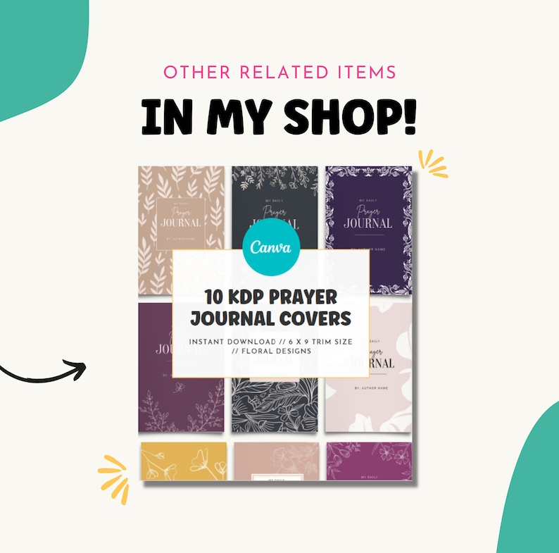 Pode incluir: Dez capas digitais de di&aacute;rio de ora&ccedil;&atilde;o com designs florais. As capas s&atilde;o de v&aacute;rias cores, incluindo roxo, rosa, bege e preto. O texto "10 KDP PRAYER JOURNAL COVERS" est&aacute; em branco sobre fundo preto. O texto "INSTANT DOWNLOAD // 6 X 9 TRIM SIZE // FLORAL DESIGNS" est&aacute; em branco sobre fundo preto.