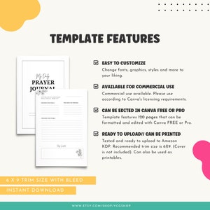 Pode incluir: Um modelo digital imprim&iacute;vel para um di&aacute;rio de ora&ccedil;&atilde;o. O modelo apresenta um fundo branco com texto preto e um design floral. O texto inclui "My Daily Prayer Journal" e "6 x 9 Trim Size with Bleed, Instant Download". O modelo est&aacute; dispon&iacute;vel para uso comercial e pode ser editado no Canva.