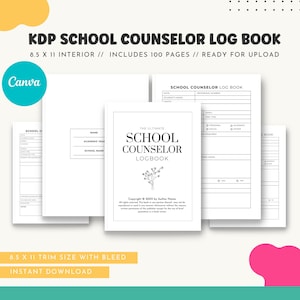 Może przedstawiać: Czarno-biała, drukowana książka logów dla doradców szkolnych. Okładka zawiera tekst "The Ultimate School Counselor Logbook" z małym wzorem kwiatowym. Książka ma rozmiar 8,5 cala na 11 cali i zawiera 100 stron.