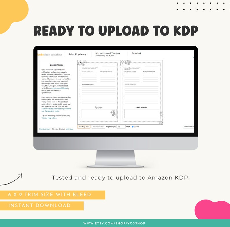 Pode incluir: Um ecr&atilde; de computador a mostrar uma pr&eacute;-visualiza&ccedil;&atilde;o de impress&atilde;o do Kindle Direct Publishing (KDP) com uma lista de verifica&ccedil;&atilde;o de controlo de qualidade e uma maqueta do interior de um di&aacute;rio. O texto no ecr&atilde; diz "Pronto para carregar no KDP". O texto abaixo do ecr&atilde; diz "Testado e pronto para carregar no Amazon KDP! Tamanho de corte de 6 x 9 com sangramento. Descarregamento instant&acirc;neo. www.etsy.com/shop/ycg shop"