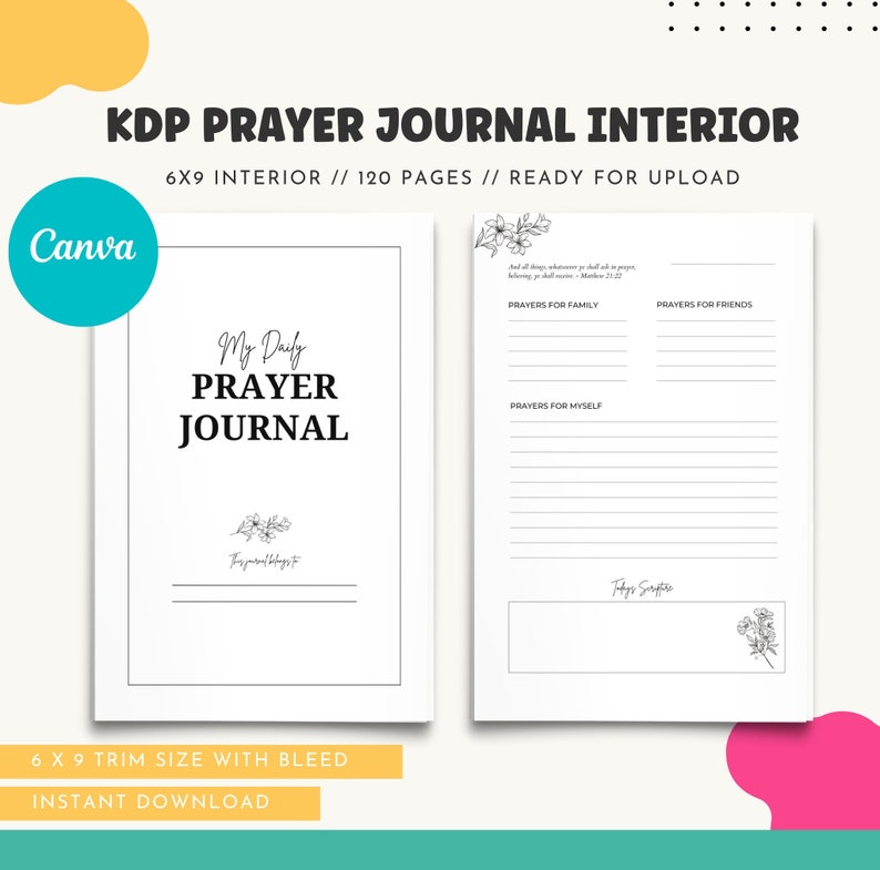 Pode incluir: Um interior de di&aacute;rio de ora&ccedil;&atilde;o imprim&iacute;vel em preto e branco com o texto "My Daily Prayer Journal" e "Ora&ccedil;&otilde;es para a fam&iacute;lia", "Ora&ccedil;&otilde;es para os amigos" e "Ora&ccedil;&otilde;es para mim mesmo".