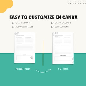 Pode incluir: Um di&aacute;rio de ora&ccedil;&atilde;o imprim&iacute;vel com se&ccedil;&otilde;es para ora&ccedil;&otilde;es para a fam&iacute;lia, amigos e voc&ecirc; mesmo. O di&aacute;rio tem um design floral e um espa&ccedil;o para uma assinatura. O texto "EASY TO CUSTOMIZE IN CANVA" est&aacute; no topo da imagem. Os textos "CHANGE FONTS", "ADD YOUR IMAGES", "CHANGE COLORS" e "EDIT CONTENT" est&atilde;o listados em caixas de sele&ccedil;&atilde;o. Os textos "FROM THIS" e "TO THIS" est&atilde;o na parte inferior da imagem.