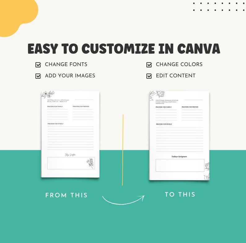 Pode incluir: Um di&aacute;rio de ora&ccedil;&atilde;o imprim&iacute;vel com se&ccedil;&otilde;es para ora&ccedil;&otilde;es para a fam&iacute;lia, amigos e voc&ecirc; mesmo. O di&aacute;rio tem um design floral e um espa&ccedil;o para uma assinatura. O texto "EASY TO CUSTOMIZE IN CANVA" est&aacute; no topo da imagem. Os textos "CHANGE FONTS", "ADD YOUR IMAGES", "CHANGE COLORS" e "EDIT CONTENT" est&atilde;o listados em caixas de sele&ccedil;&atilde;o. Os textos "FROM THIS" e "TO THIS" est&atilde;o na parte inferior da imagem.