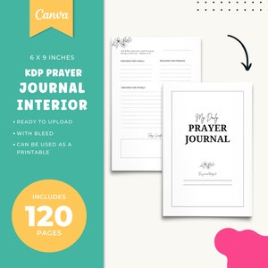 Pode incluir: Um modelo de interior de di&aacute;rio de ora&ccedil;&atilde;o imprim&iacute;vel com 120 p&aacute;ginas, pronto para ser carregado no Kindle Direct Publishing (KDP). O modelo inclui se&ccedil;&otilde;es para ora&ccedil;&otilde;es para a fam&iacute;lia, amigos e voc&ecirc; mesmo. A capa do di&aacute;rio apresenta um design floral simples e o texto "Meu di&aacute;rio de ora&ccedil;&atilde;o di&aacute;rio".
