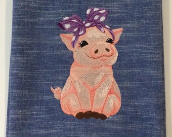 Kitchen Towel - Precious Pig Embroidery with Purple & White Polka Dot Bow-Funny Image Pig Lover-Pig Kitchen Towel-Pig Gift-Back Hanging Tab