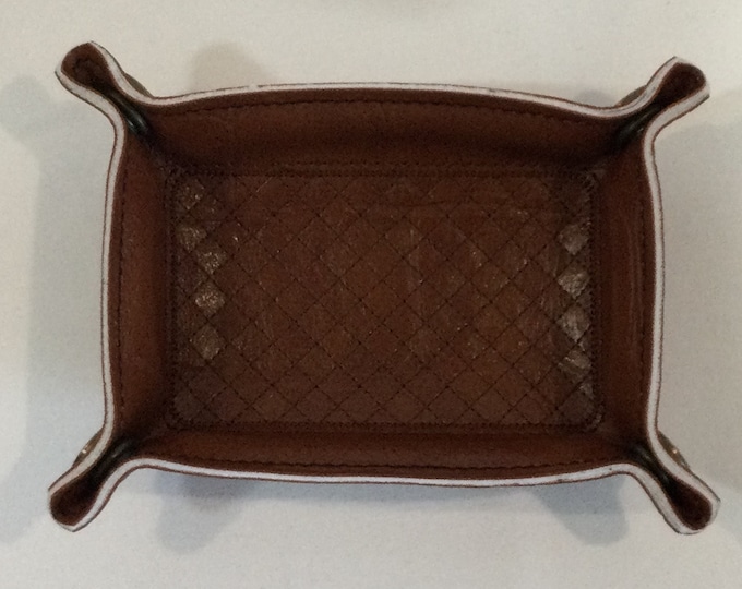 Catchall Valet Tray, Crosshatch-Business Card Tray-Snapped 4" x 2.5" - X-SMALL-Lays Flat-Interior & Exterior Brown Faux Leather