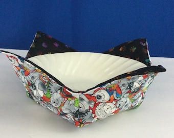 Cat - Happy Cats and Colorful Paws - Black Microwave Bowl Cozy, Medium - 6'' Bottom Diameter, Reversible, Free Shipping