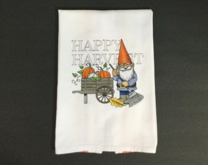 Kitchen Towel - Gnome - Happy Harvest - Funny Image and Saying Towel, 100% Cotton Towel, Back Hanging Tab