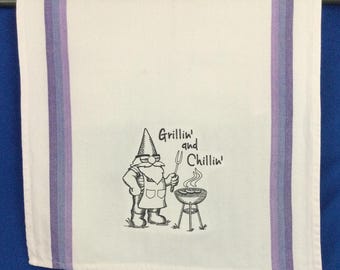 Embroidered Grillin' Gnome Kitchen Towel: Funny BBQ Dish Towel