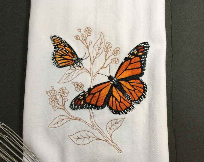 Kitchen Towel -  Butterflies - Monarchs on Delicate Leaves, Dish Towel, Monarch Butterfly Towel, FREE SHIPPING, Back Hanging Tab-IPFG-000418