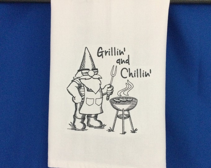 Grillin' and Chillin' Gnome Embroidered Kitchen Towel, Funny Image Towel, Gnome Gift, Gnome Kitchen Towel-Embroidered Dish Towel-Gnome Lover