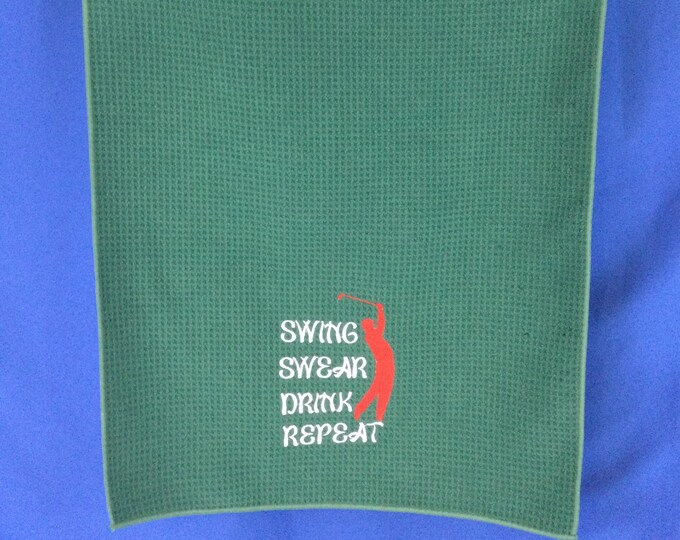 Embroidered Golf Towel: Swing Swear Drink Repeat, Green Microfiber, Trifold with Clip