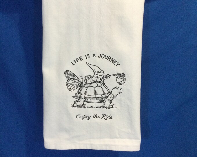 Gnome Lover's Delight! Life is a Journey Kitchen Towel - Embroidered Gnome and Turtle Design - Classic White with Yellow Stripes