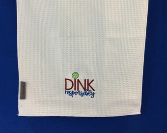 Pickleball Bag Towel-Dink Responsibly-White Tri-Fold Microfiber Sports Towel including Carabineer-3 Metal Grommets-Waffle Pattern -16" x 21"