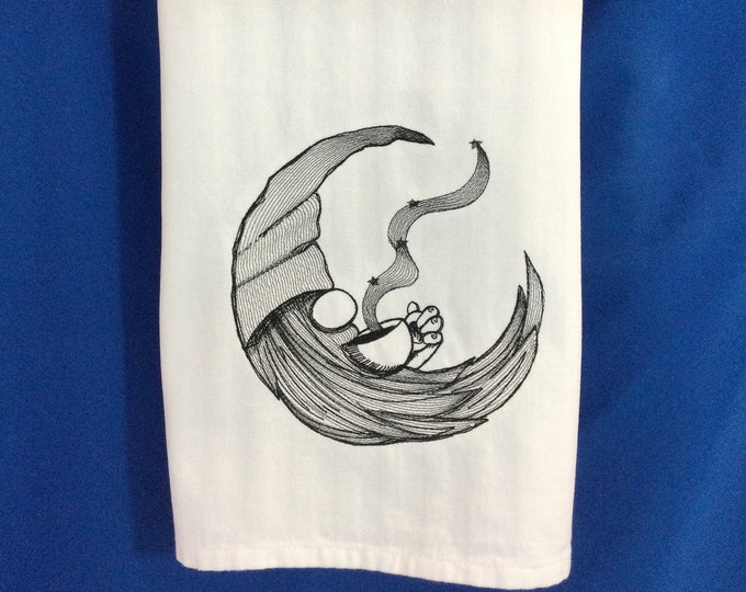 Kitchen Towel – Java Gnome In The Moon,  28" X 20", FREE SHIPPING, Embroidered Towel, Back Hanging Tab