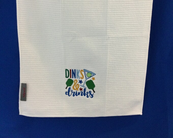 Pickleball Bag Towel-Dinks & Drinks-White Tri-Fold Microfiber Sports Towel including Carabineer-3 Metal Grommets-Waffle Pattern -16" x 21"