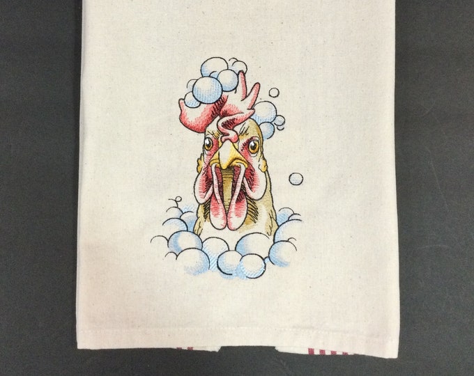 Kitchen Towel - Chicken Bubble Bath Embroidered Towel, Funny Saying Towel, 18" x 28" 100% Cotton Towel, Back Hanging Tab, Recycled Cotton