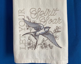 Kitchen Towel - Blue Soaring Swallow Medley Embroidered Towel 28” x 20”, Bird Lover-100% Cotton Towel-Back Hanging Tab, Let Your Spirit Soar