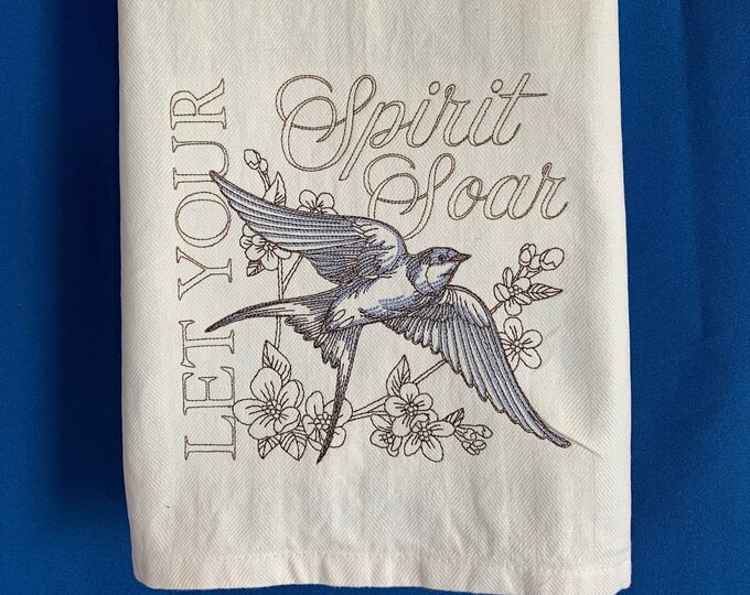 Kitchen Towel - Blue Soaring Swallow Medley Embroidered Towel 28” x 20”, Bird Lover-100% Cotton Towel-Back Hanging Tab, Let Your Spirit Soar