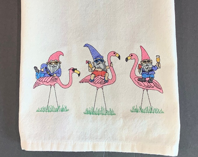 Kitchen Towel - Gnomes - Gnome Happy Hour on Flamingos Embroidered Towel, 28x18 W/Back Hanging Tab, Free Shipping