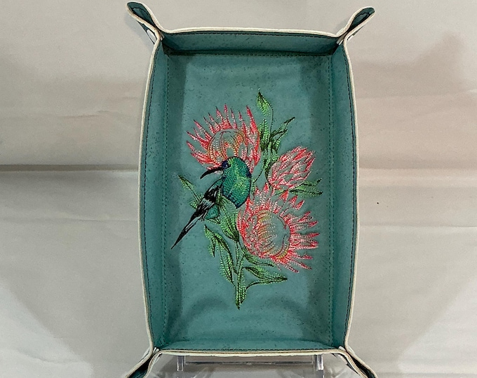 Travel-Friendly Catchall Tray with Malachite Sunbird and Protea Flowers Embroidery - 5x8 Snapped Organizer - Lays Flat in Suitcase