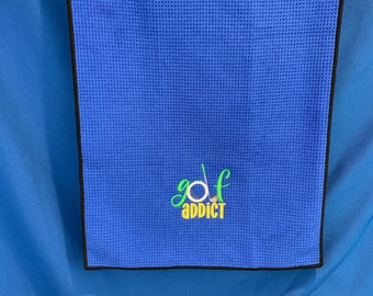 Golf Bag Towel-Golf Addict Embroidered Towel-Royal Blue Microfiber Waffle Pattern Sports Towel-Tri-fold with Carabiner, 16x24-Golf Accessory