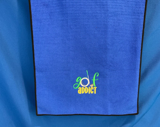 Golf Bag Towel-Golf Addict Embroidered Towel-Royal Blue Microfiber Waffle Pattern Sports Towel-Tri-fold with Carabiner, 16x24-Golf Accessory