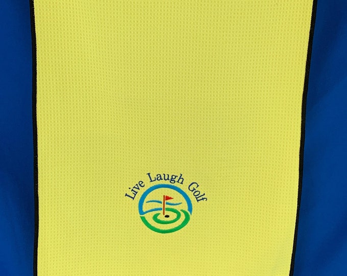 Golf Bag Towel - Live Laugh Golf - Yellow Towel Tri-Fold Microfiber Sports Towel with Carabineer-3 Metal Grommets - Golf Accessory