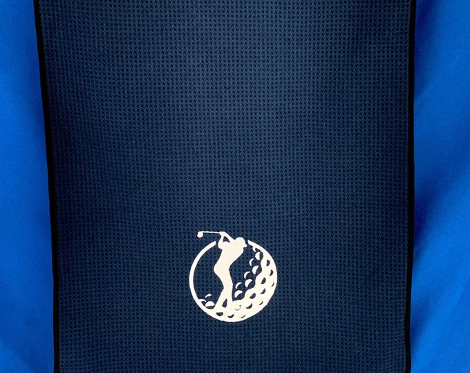 Golf Bag Towel - Golfer and Ball; Navy Blue Tri-Fold Microfiber Sports Towel including Carabineer-3 Metal Grommets-Waffle Pattern