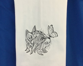 Kitchen Towel - Cat- Whimsical Kitten & Butterfly Embroidered Towel, Henna Style Drawing-Cat Lover-Cat Person-Whimsical Embroidery-28” x 20”