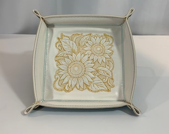 Valet Tray-Sunflowers Trapunto Design-Catchall Tray Snapped 6"x6" Sq XLARGE-White & Safari Teal Faux Leather Valet Travel Tray-Lays Flat.