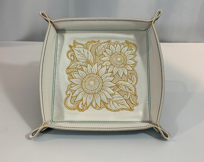 Valet Tray-Sunflowers Trapunto Design-Catchall Tray Snapped 6"x6" Sq XLARGE-White & Safari Teal Faux Leather Valet Travel Tray-Lays Flat.