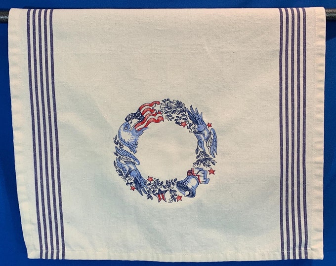 Patriotic Kitchen Towel with Bald Eagle & American Flag - Absorbent Towel for Patriotic Home Decor, Back Hanging Tab, Patriotic Wreath Towel