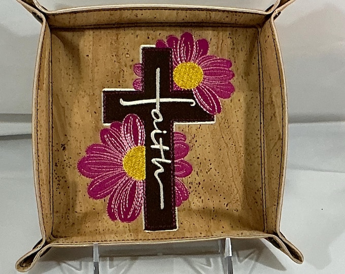 Floral Cross Travel Organizer - Large 6x6 Embroidered Faith Design in Portuguese Natural Cork and Gold Tonal Faux Leather