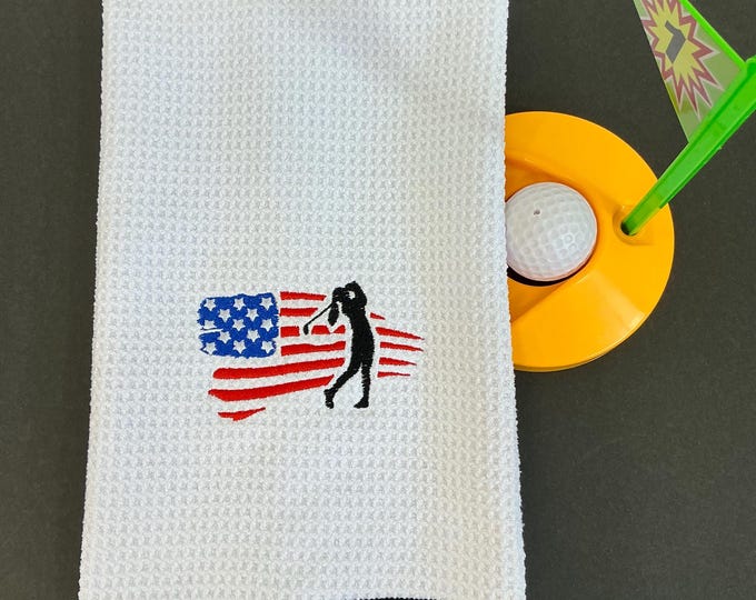 Embroidered USA Flag Golf Towel with Woman Golfer | White, 1-Grommet, Sports Accessory Gift for Women