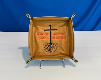 Man of Christ with Cross Nail Design Large Catchall Tray for Essentials, Beige & Black Faux Leathers-Lays Flat In Your Suitcase, Religious